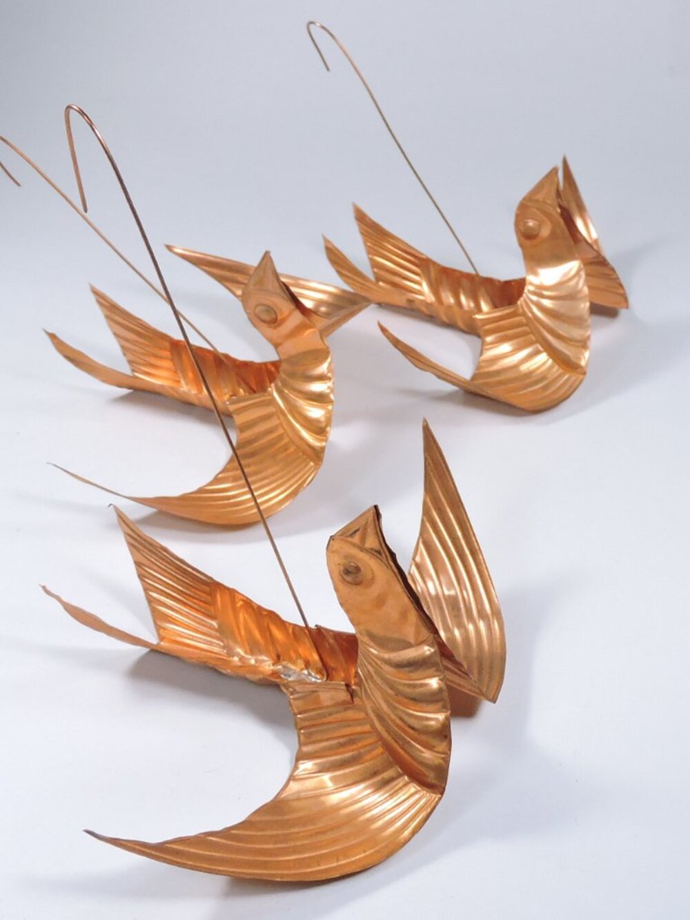 3 Pressed Copper Metal Christmas Ornaments - Embossed Bird Shape